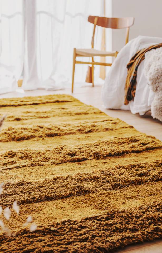 Brown / yellow  high low shaggy -  Carpet in a living room.