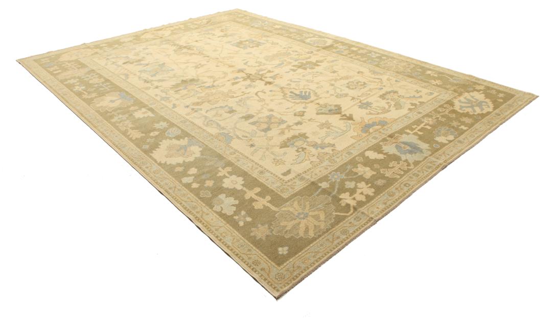 Handgemaakt Turks Usak tapijt in beige en groene tinten