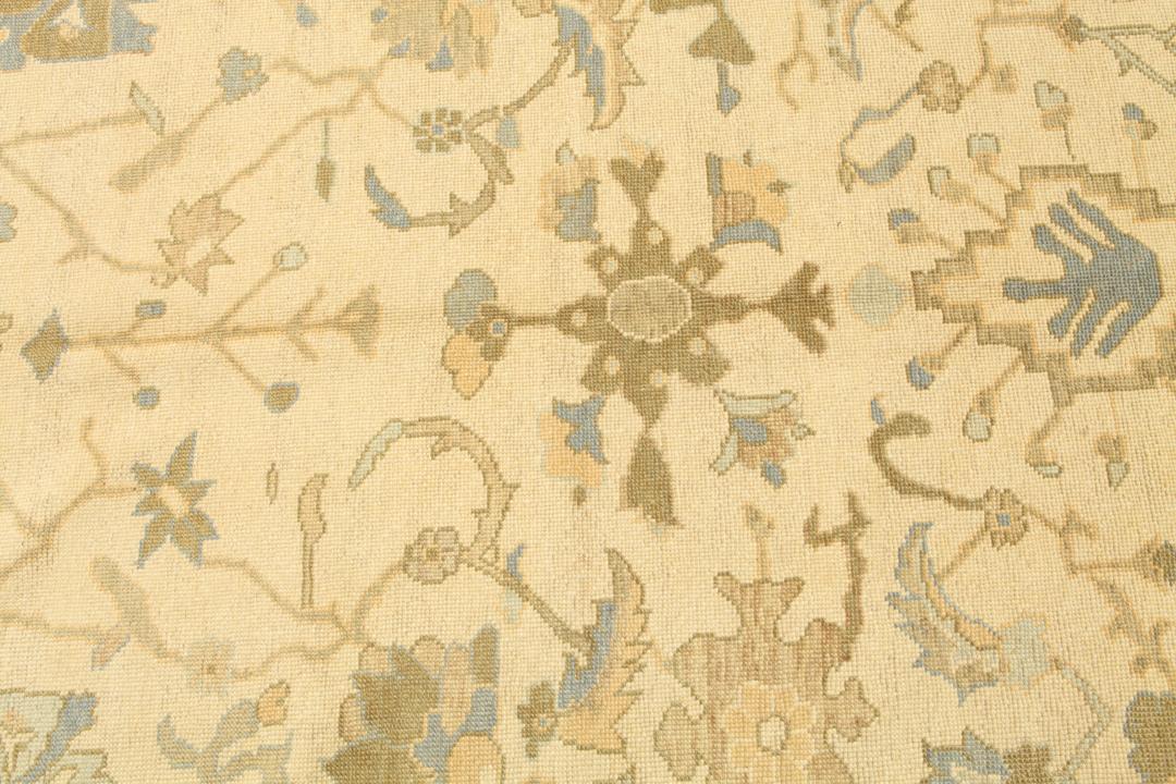 Handgemaakt Turks Usak tapijt in beige en groene tinten