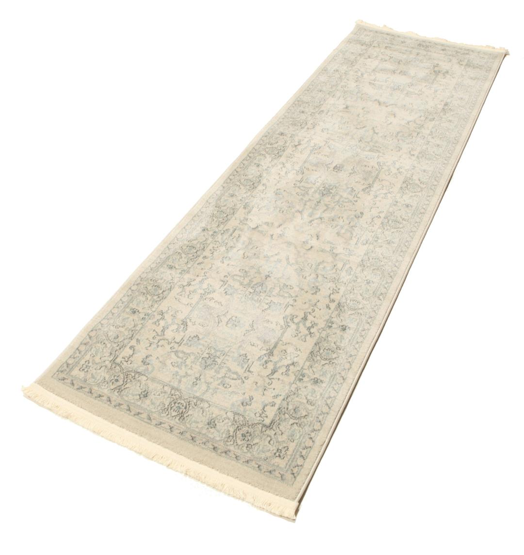 Beige en lichtblauwe loper met franjes