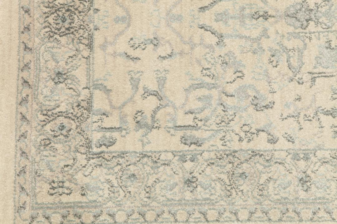 Beige og lyseblå løbertæppe med fringe