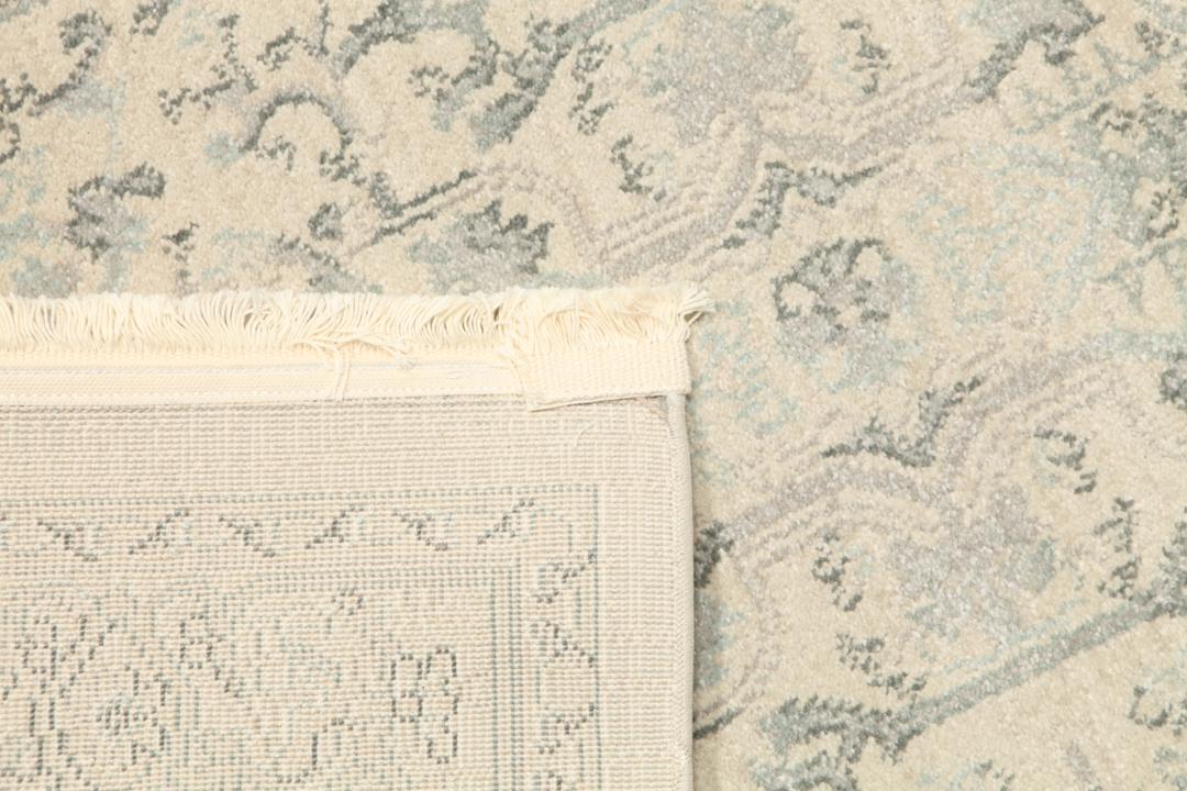 Beige og lyseblå løbertæppe med fringe