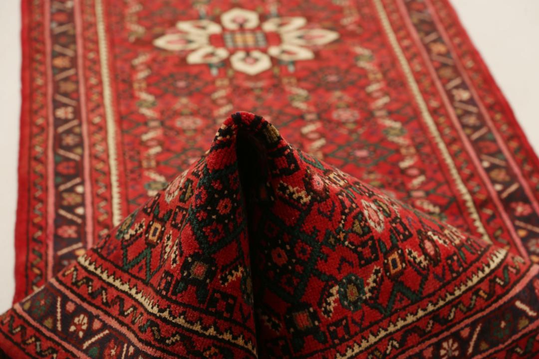 Un long tapis couloir Hosseinabad noué à la main, provenant du Moyen-Orient, arborant un fond rouge vibrant et des motifs floraux détaillés.