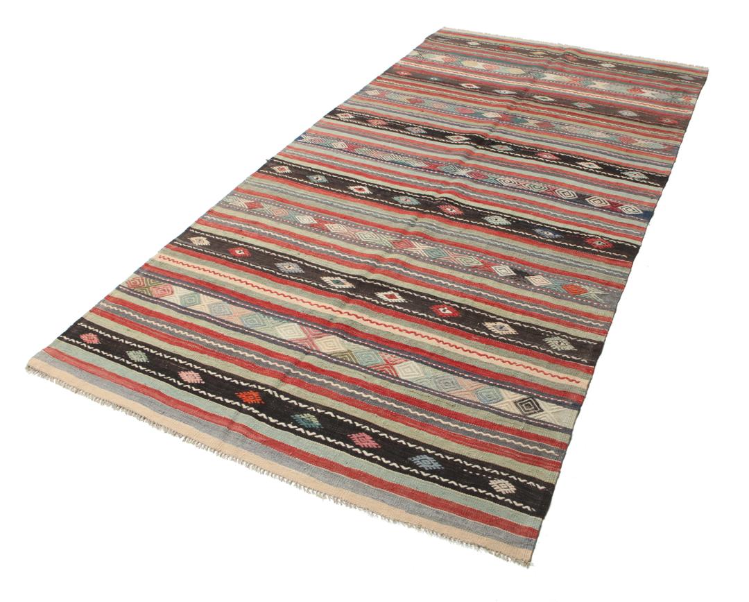 Tapis kilim vintage turc tissé à la main, multicolore avec des motifs géométriques
