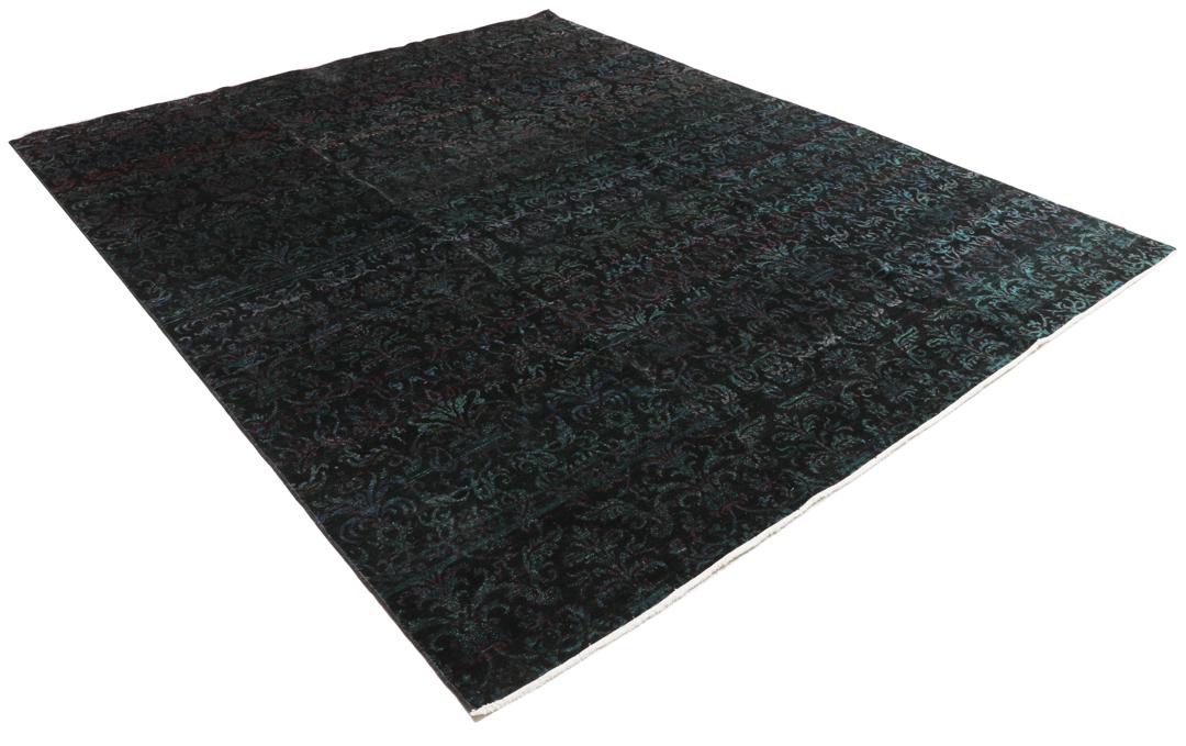 Hand-knotted Indian silk rug with a dark, intricate damask pattern