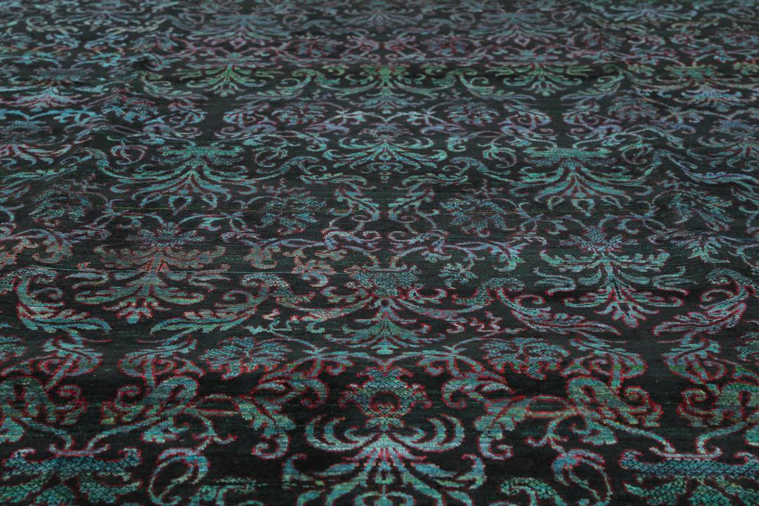 Hand-knotted Indian silk rug with a dark, intricate damask pattern
