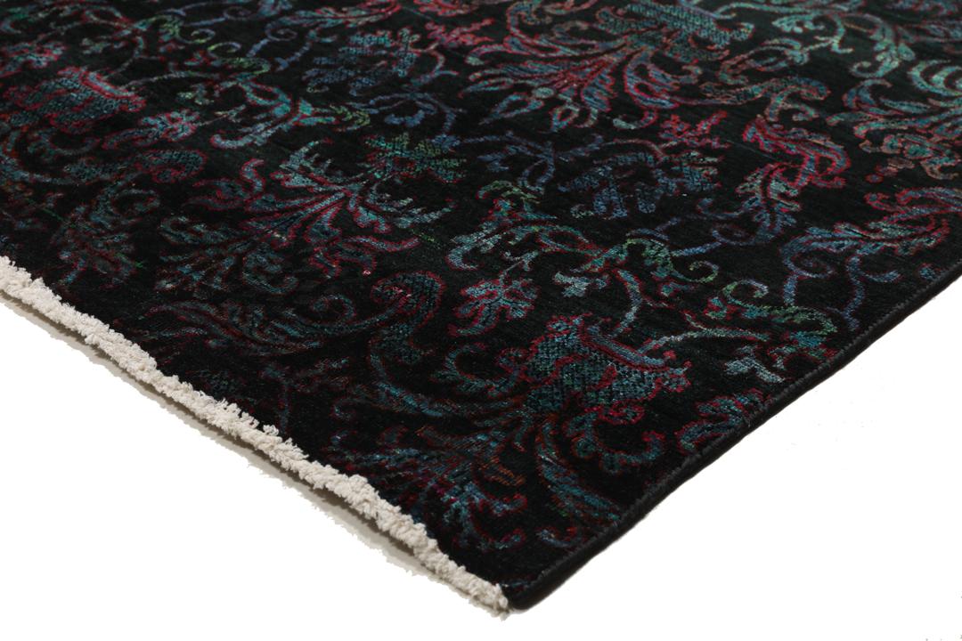 Hand-knotted Indian silk rug with a dark, intricate damask pattern