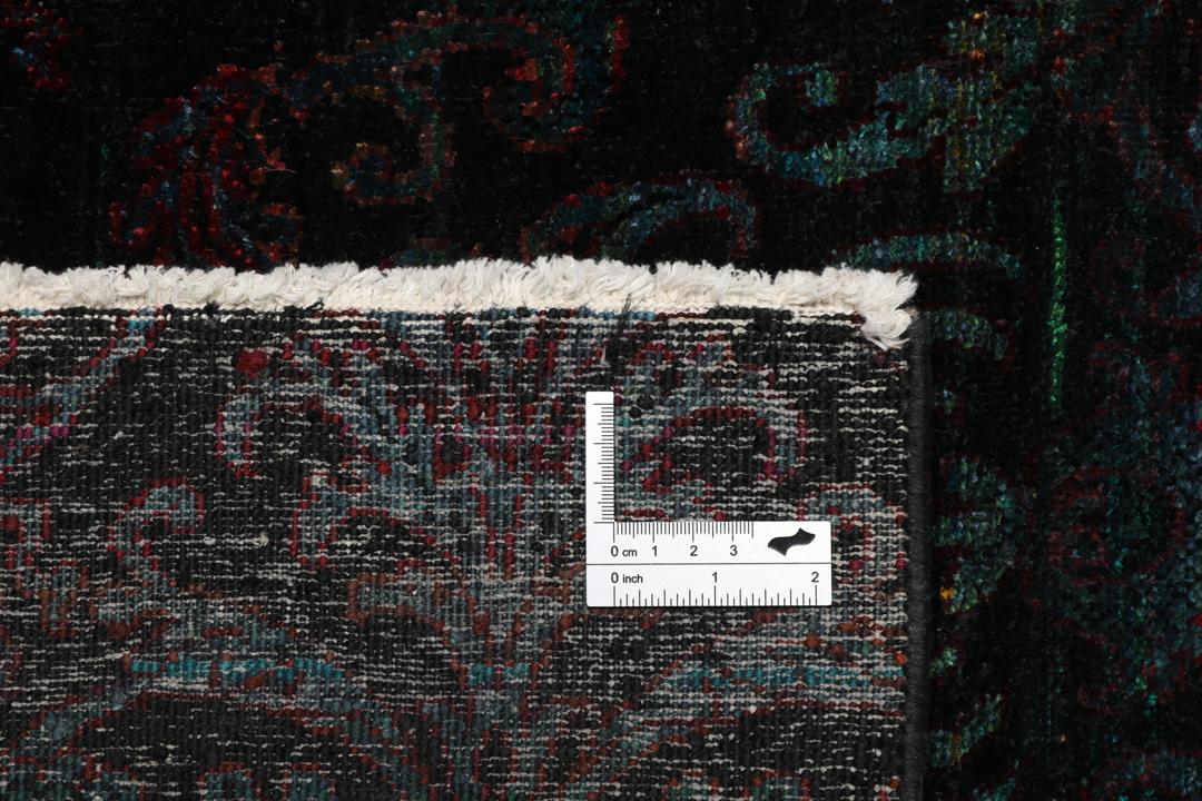 Hand-knotted Indian silk rug with a dark, intricate damask pattern