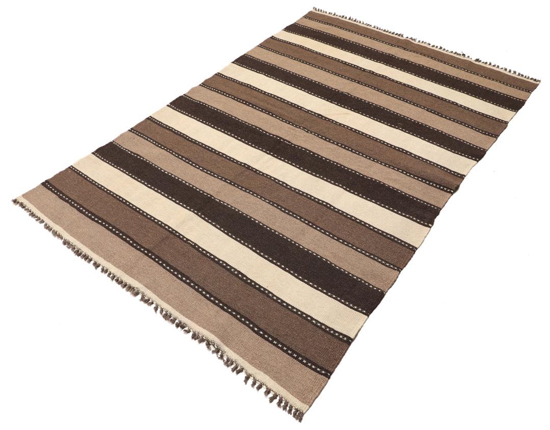 Tappeto Kilim tessuto a mano a righe marroni e beige proveniente dal Medio Oriente