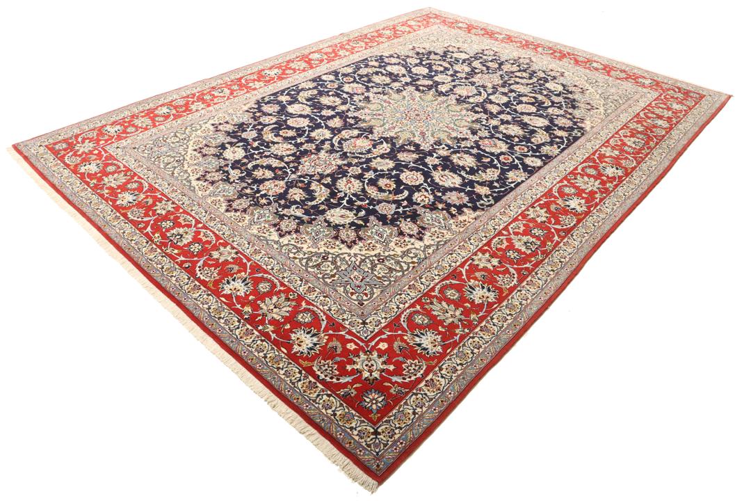 Handgeknoopt Isfahan vloerkleed uit het Midden-Oosten in donkerblauw en rood