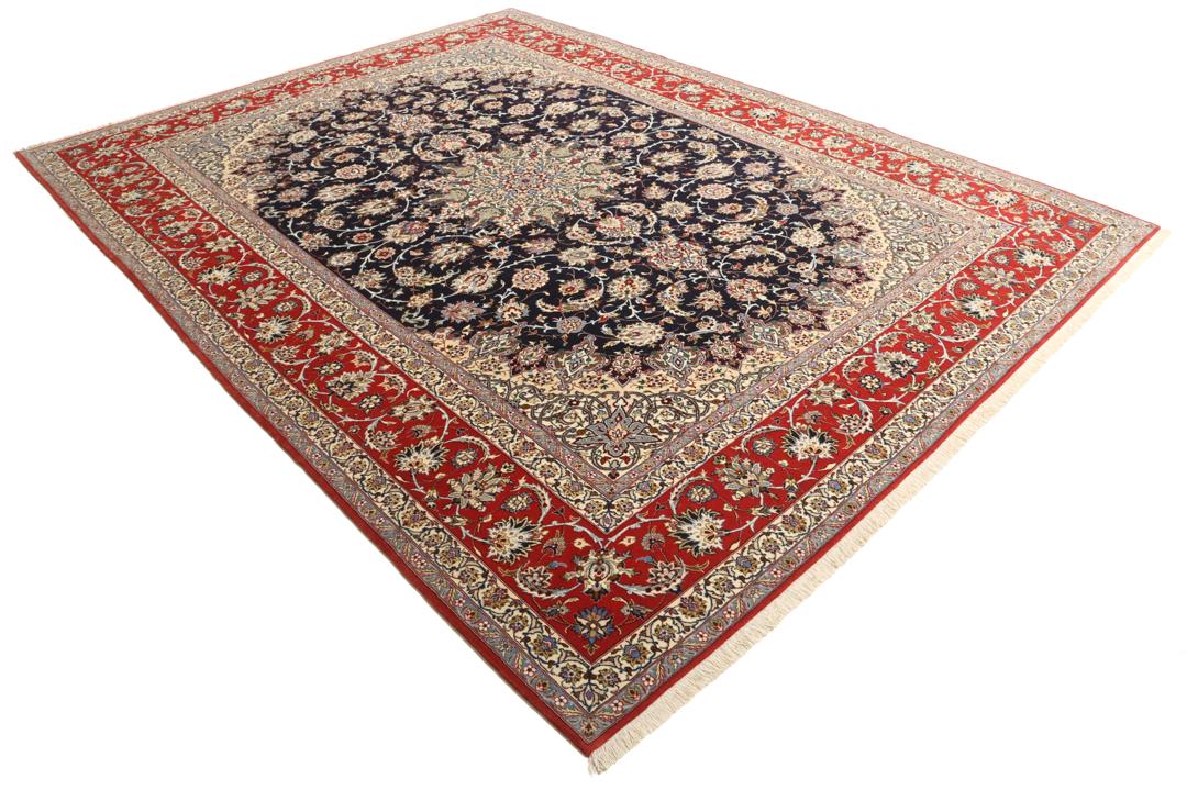 Handgeknoopt Isfahan vloerkleed uit het Midden-Oosten in donkerblauw en rood
