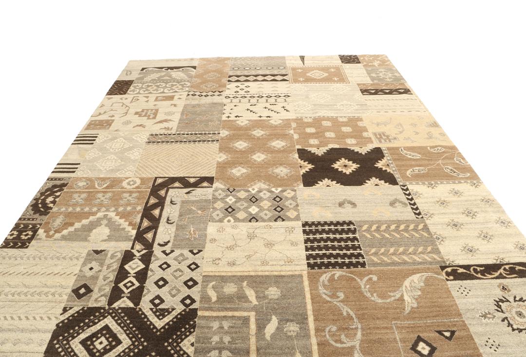 Modern patchwork rug with brown and beige geometric patterns from India
