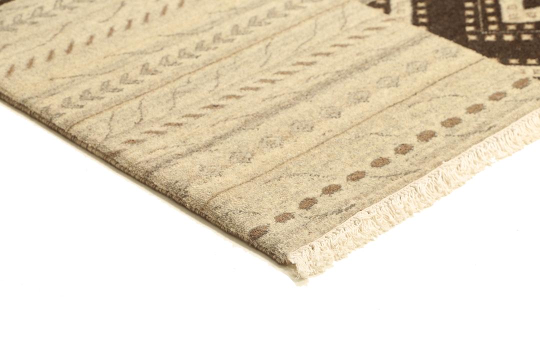 Modern patchwork rug with brown and beige geometric patterns from India