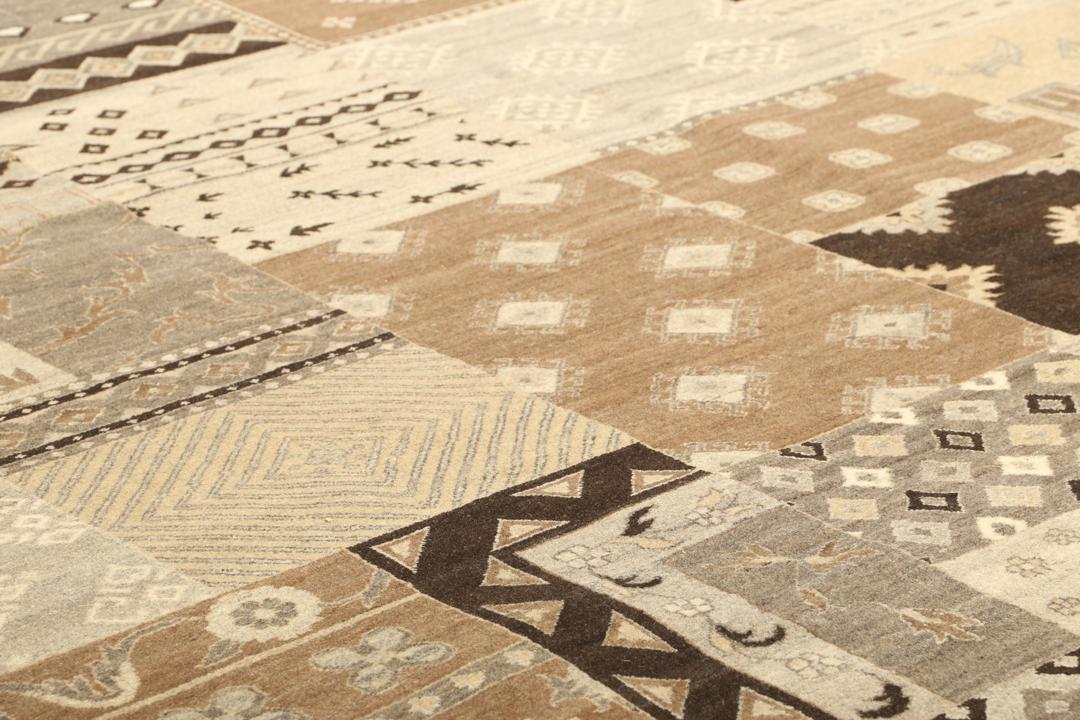 Modern patchwork rug with brown and beige geometric patterns from India