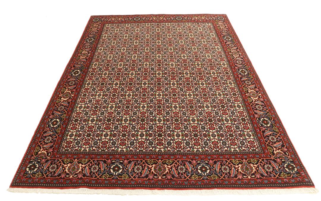 A hand-knotted Bidjar rug from the Middle East in vibrant red and cream tones