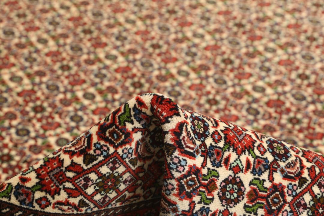 A hand-knotted Bidjar rug from the Middle East in vibrant red and cream tones