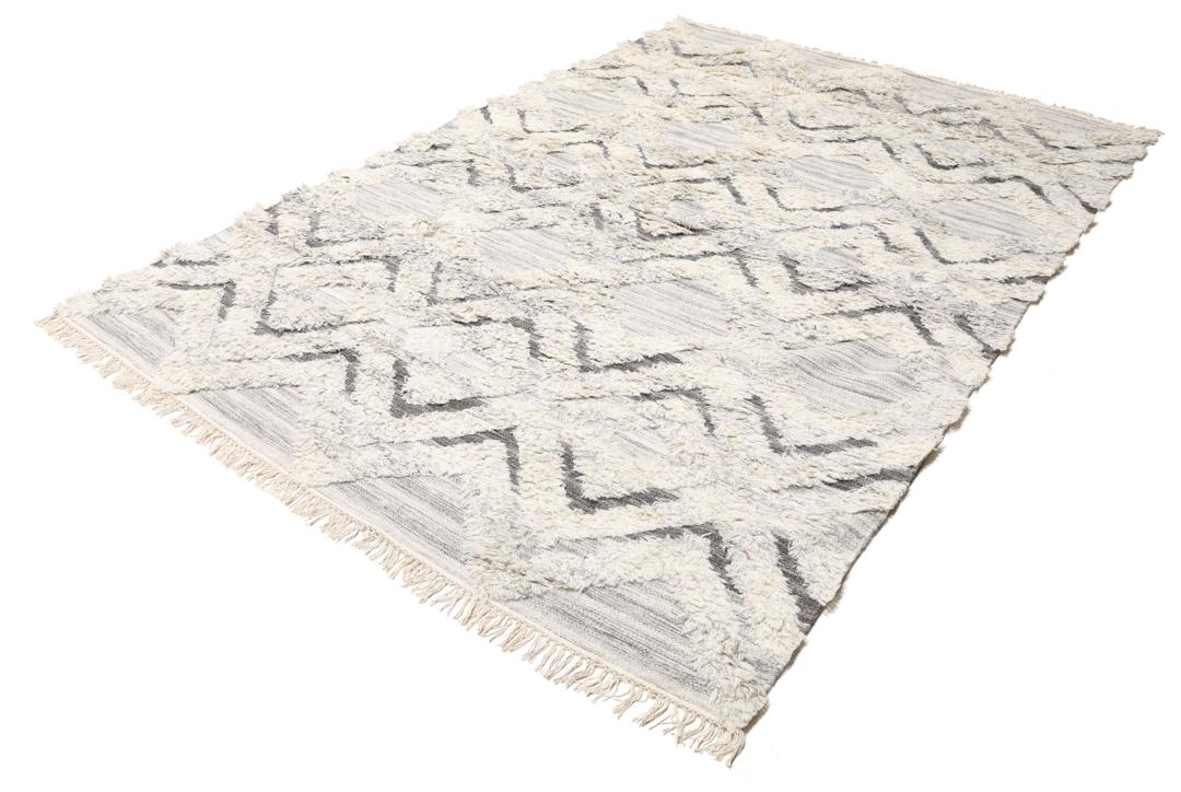 Handgemaakt grijs wollen vloerkleed met een geometrisch patroon