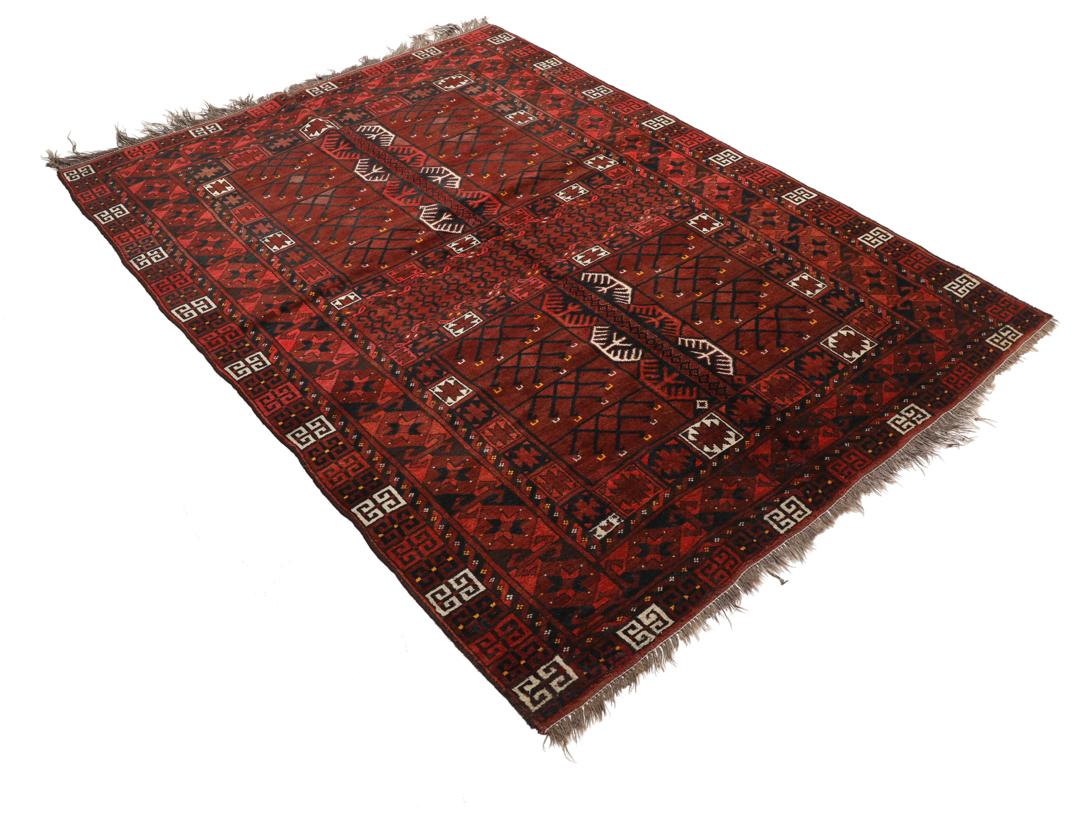 Tapis Afghan Khal Mohammadi noué à la main avec un motif géométrique rouge foncé et noir