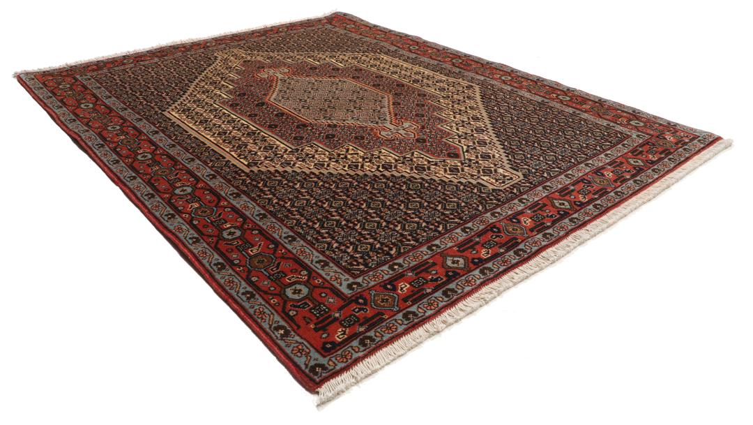 Handgeknoopt Senneh-tapijt uit het Midden-Oosten met een rood en blauw medaillonontwerp