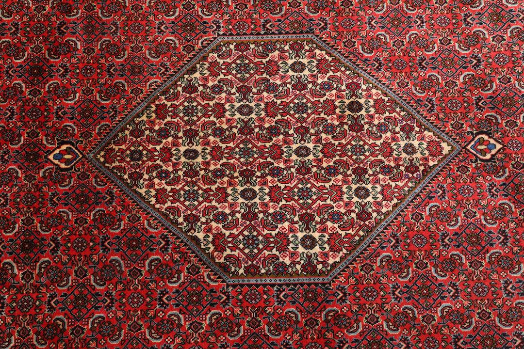 Een groot handgeknoopt Bidjar Zanjan Wool tapijt uit het Midden-Oosten in dieprode en beige tinten.