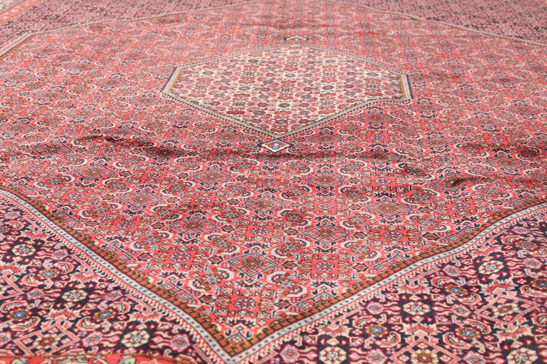 Een groot handgeknoopt Bidjar Zanjan Wool tapijt uit het Midden-Oosten in dieprode en beige tinten.