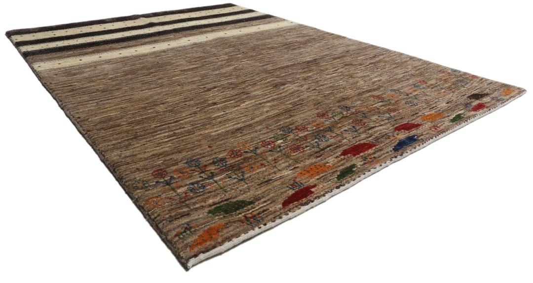 Handgeknoopt Gabbeh Fine vloerkleed met bloemmotieven en bruine strepen uit het Midden-Oosten