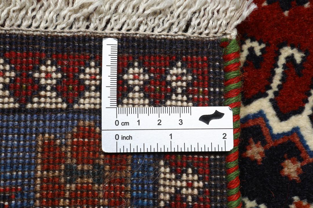 Håndknyttet Yalameh-tæppe fra Mellemøsten med rødt og blåt geometrisk design
