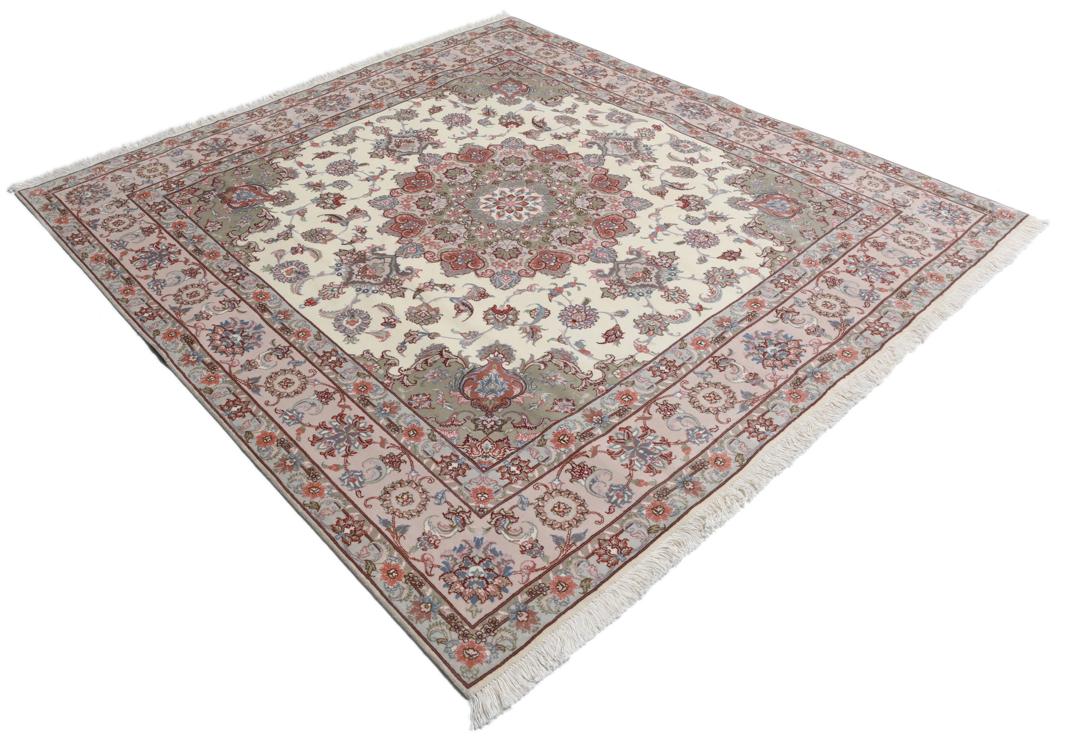Handgeknoopt vierkant Tabriz-tapijt met bloemenmedaillon in multicolor