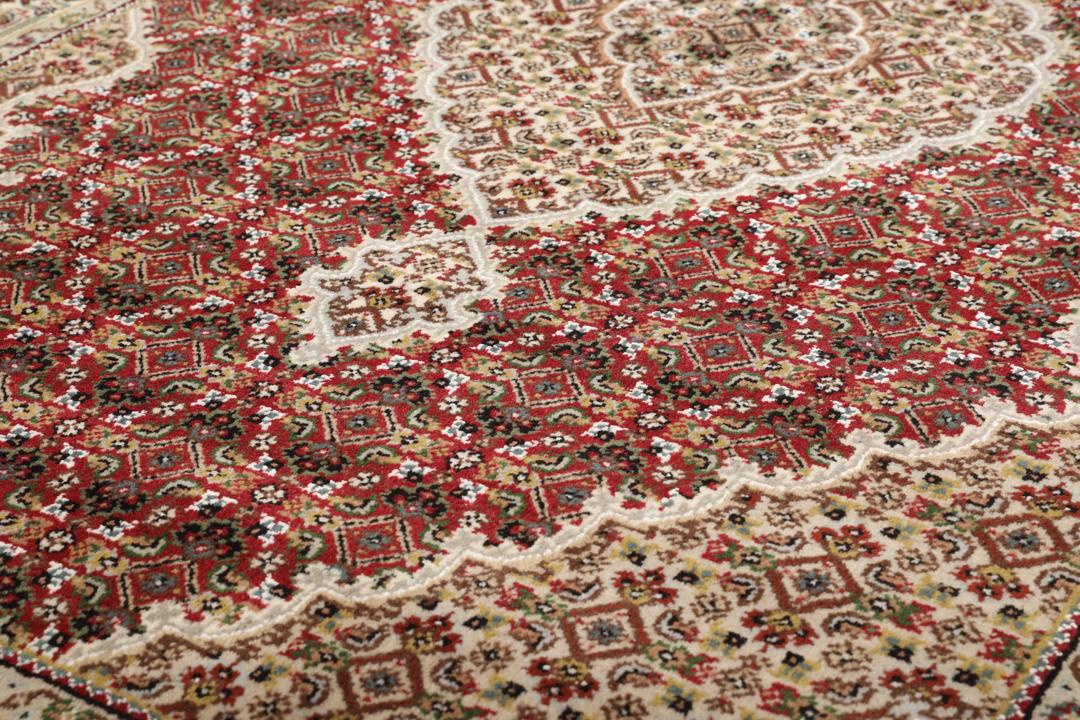 Een handgeknoopt Tabriz-tapijt uit India met een centraal medaillon op een rode ondergrond.