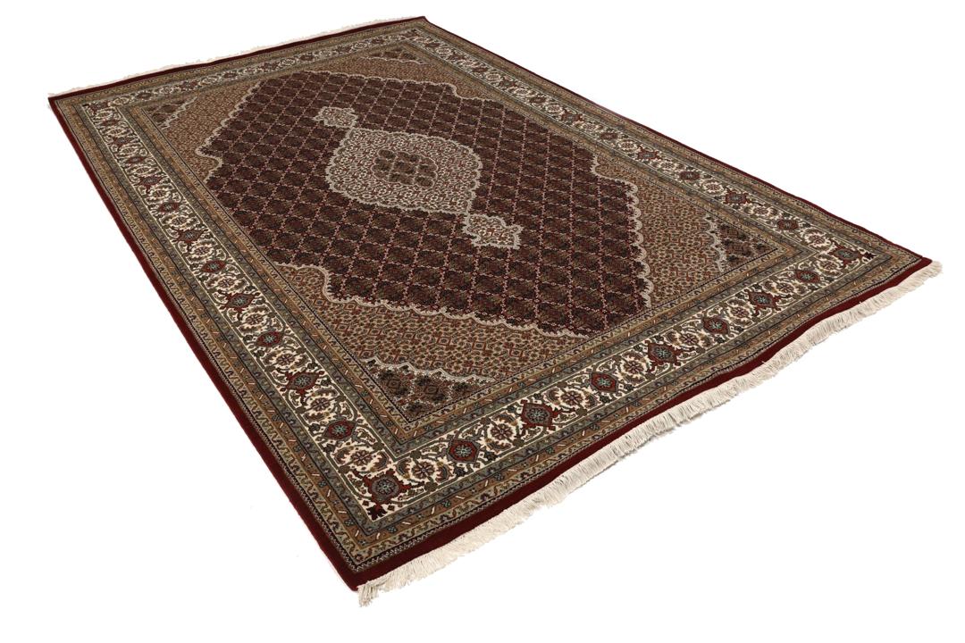 Handgeknoopt Tabriz-tapijt uit India in dieprode en beige tinten