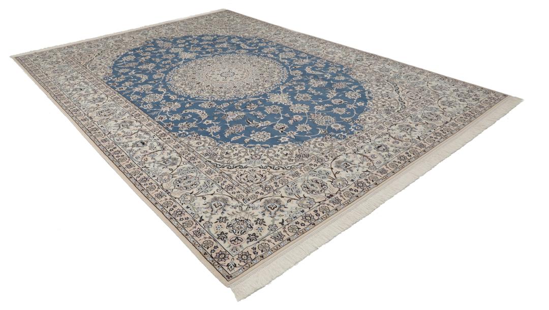 Hand-knotted Nain rug from the Middle East in blue and beige