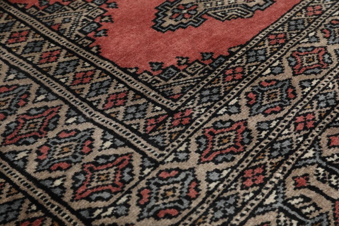 Hand-knotted Pakistan Bokhara rug with a red and beige geometric pattern