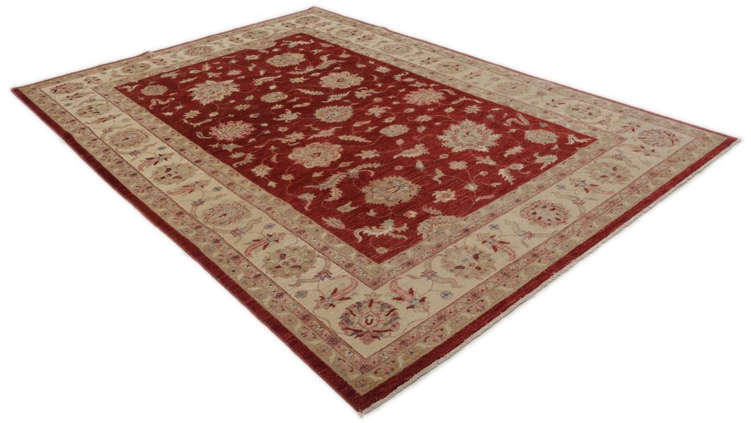 Hand-knotted Afghan rug with floral motifs in dark-red and beige