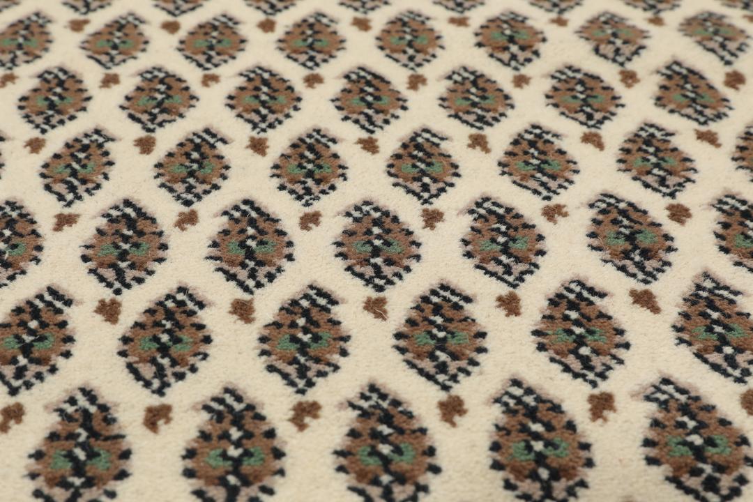 Een handgeknoopt Mir Indo-tapijt uit India met een beige veld en aardse bruine randen.