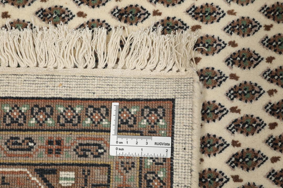 Een handgeknoopt Mir Indo-tapijt uit India met een beige veld en aardse bruine randen.