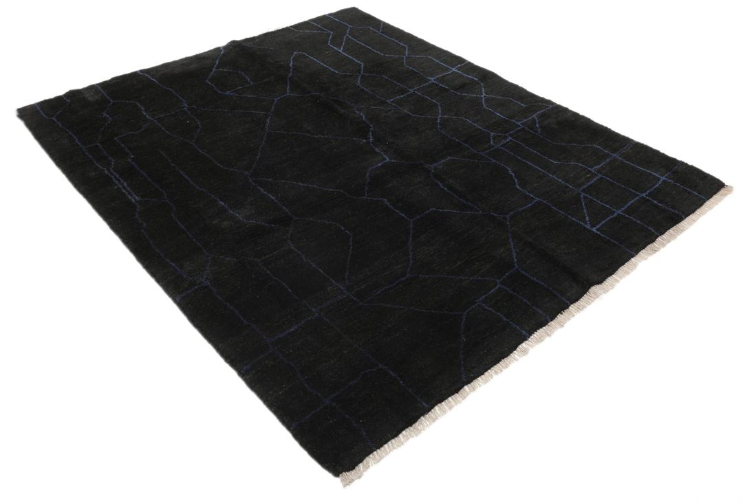 Handgeknoopt zwart Loribaft-tapijt uit het Midden-Oosten met geometrische blauwe lijnen