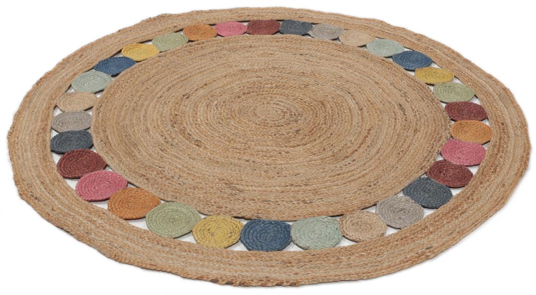 Rond meerkleurig tapijt gemaakt van natuurlijk jute met een decoratieve rand