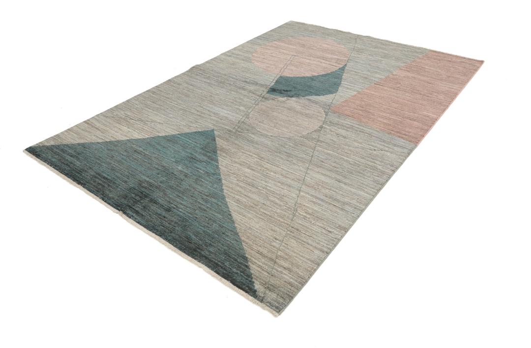 Modern geometrisch tapijt uit het Midden-Oosten in grijs en blauwgroen