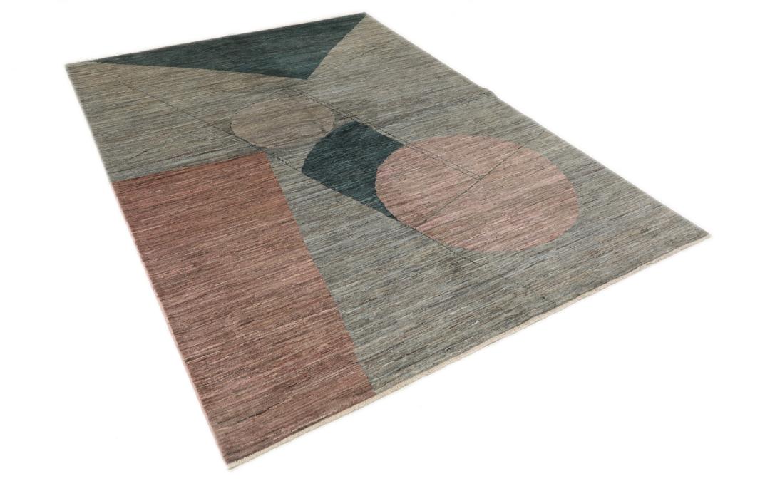 Modern geometrisch tapijt uit het Midden-Oosten in grijs en blauwgroen