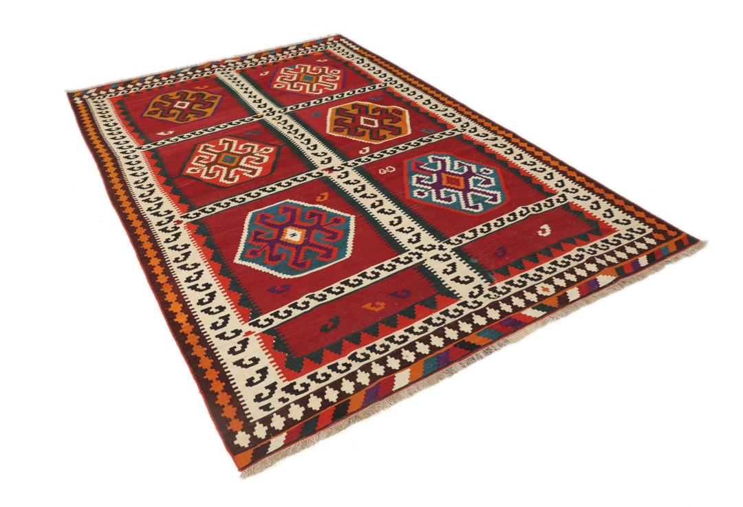 Handgeweven vintage kelim uit het Midden-Oosten in levendig rood met geometrische patronen
