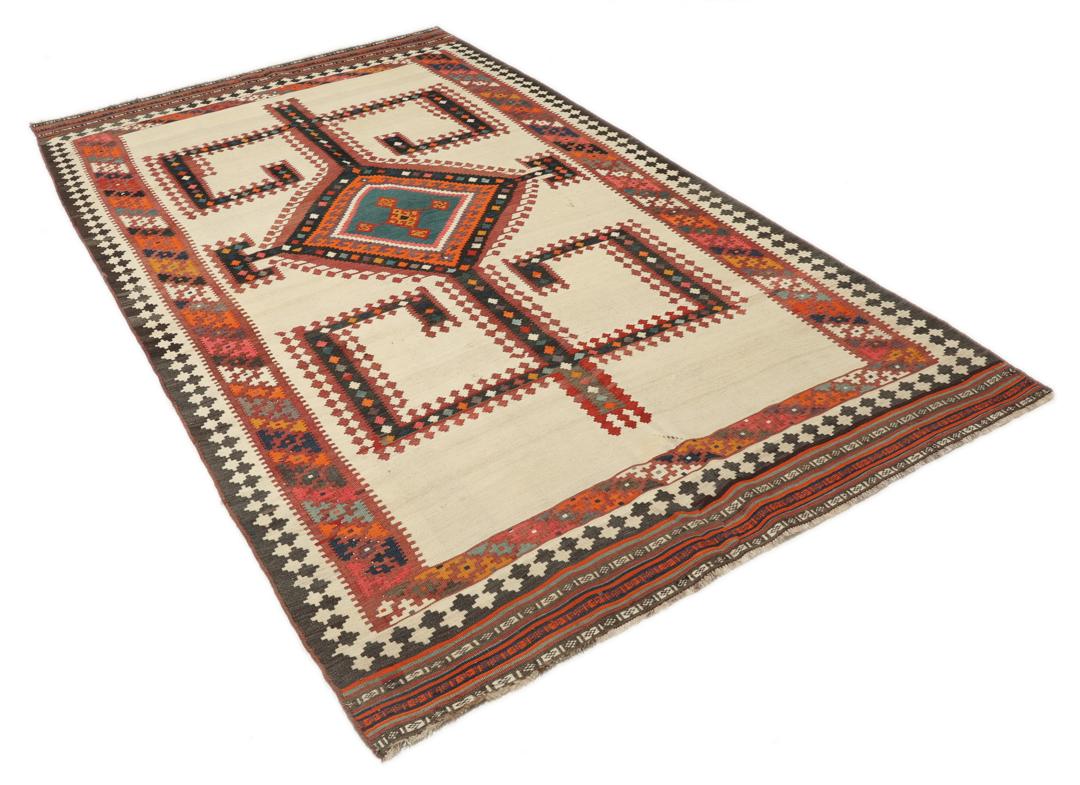 Vintage handgeweven Kelim-tapijt uit het Midden-Oosten met veelkleurige geometrische patronen