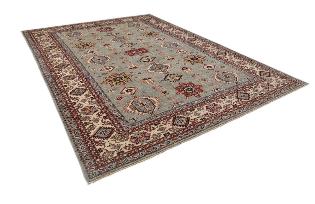 Handgeknoopt Kazak tapijt uit Afghanistan met een blauw en veelkleurig geometrisch patroon