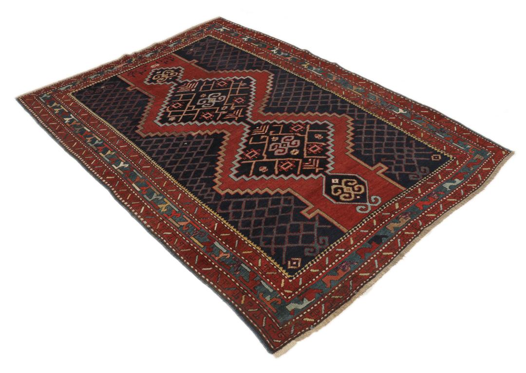 Antiek Karabag tapijt uit Azerbeidzjan met een rood en donkerblauw geometrisch ontwerp