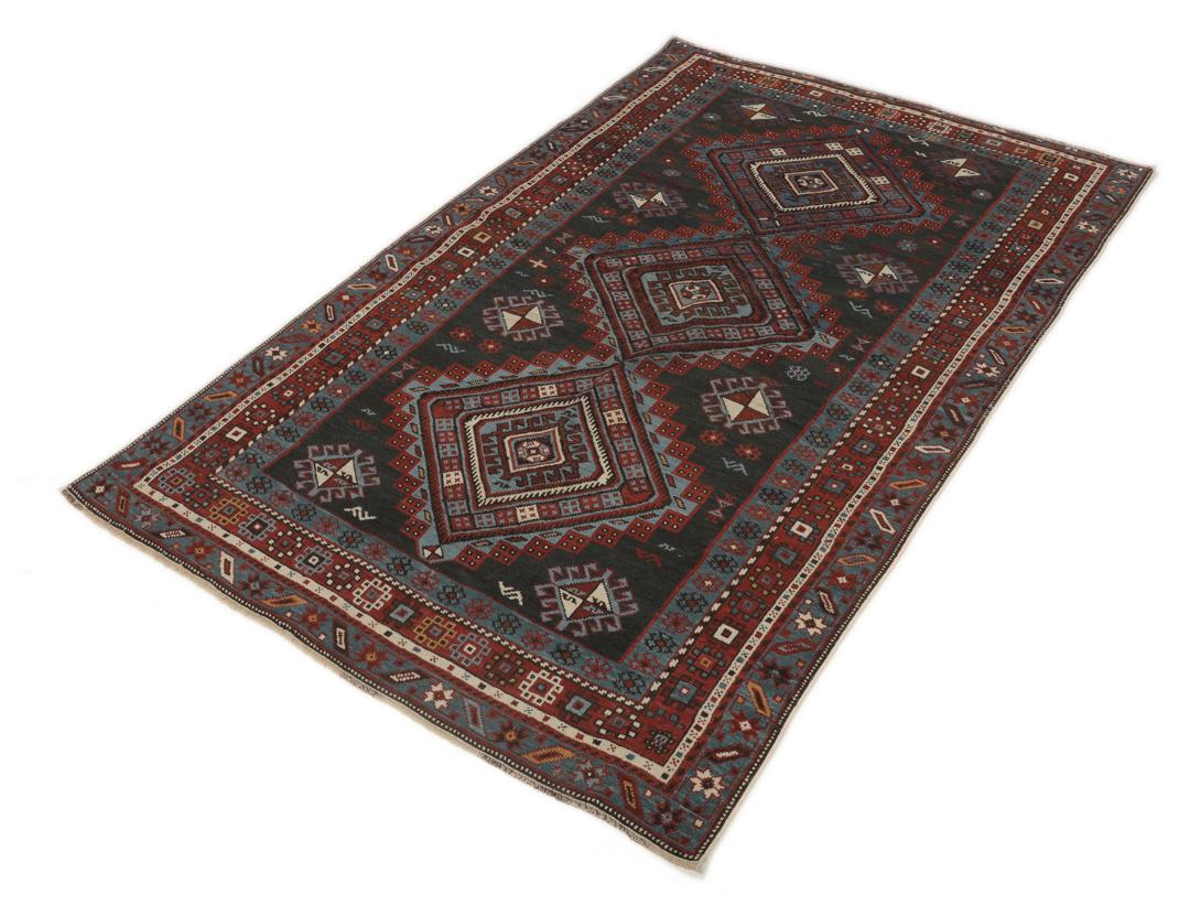 Antiek Shirvan-tapijt met geometrische medaillonpatronen in rood en blauw, afkomstig uit Azerbeidzjan