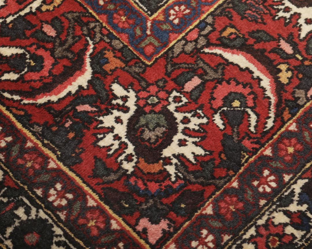 Hand-knotted Bakhtiar rug from the Middle East in deep red and multi-tonal shades