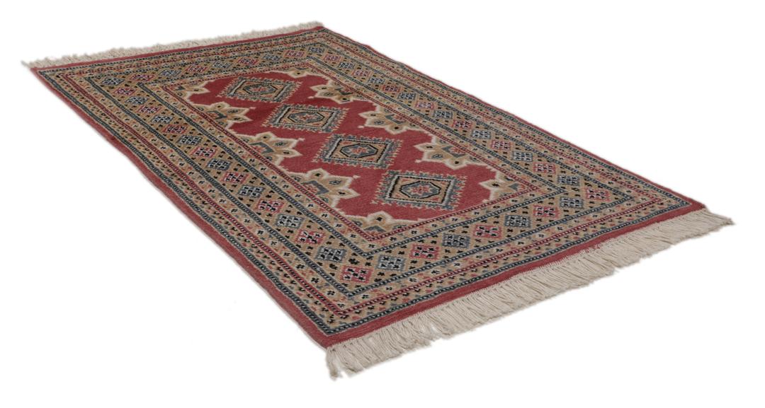 Hand-knotted Pakistan Bokhara 2ply rug with a dark-red field and geometric patterns