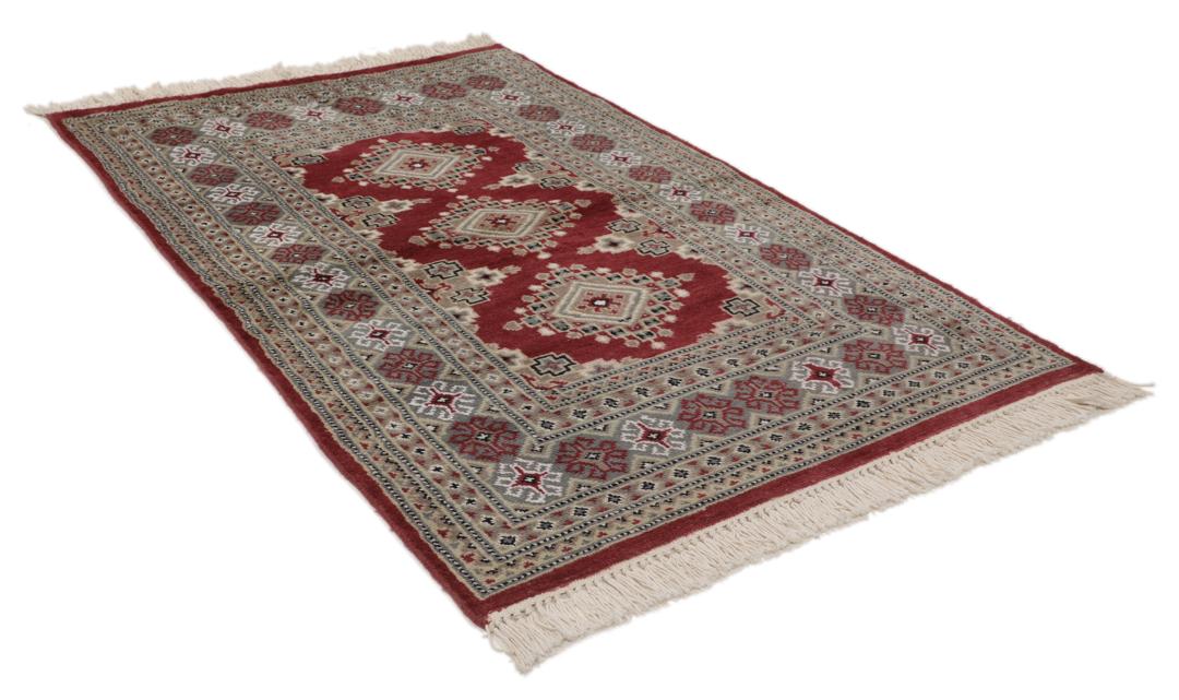 Handgeknoopt Pakistan Bokhara 2ply wollen tapijt in rood en grijs