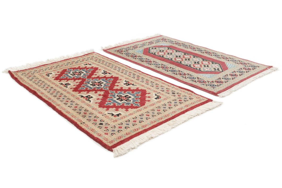 A hand-knotted Pakistan Bokhara 2ply rug featuring geometric patterns in red and beige tones.