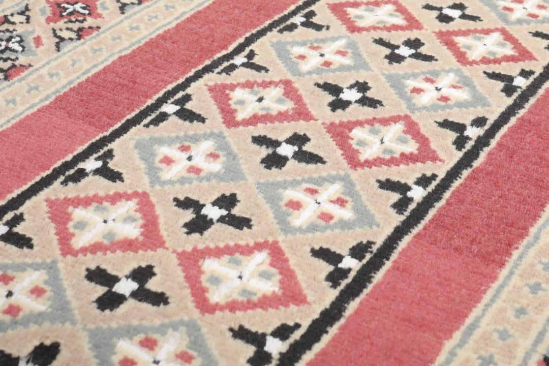 A hand-knotted Pakistan Bokhara 2ply rug featuring geometric patterns in red and beige tones.