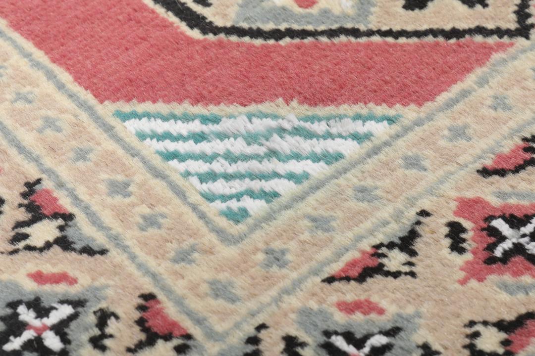 A hand-knotted Pakistan Bokhara 2ply rug featuring geometric patterns in red and beige tones.